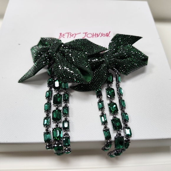 ***NWT W/Defects***Betsey Johnson Green Rhinestone Bow Fringe Statment Earrings - Picture 5 of 6